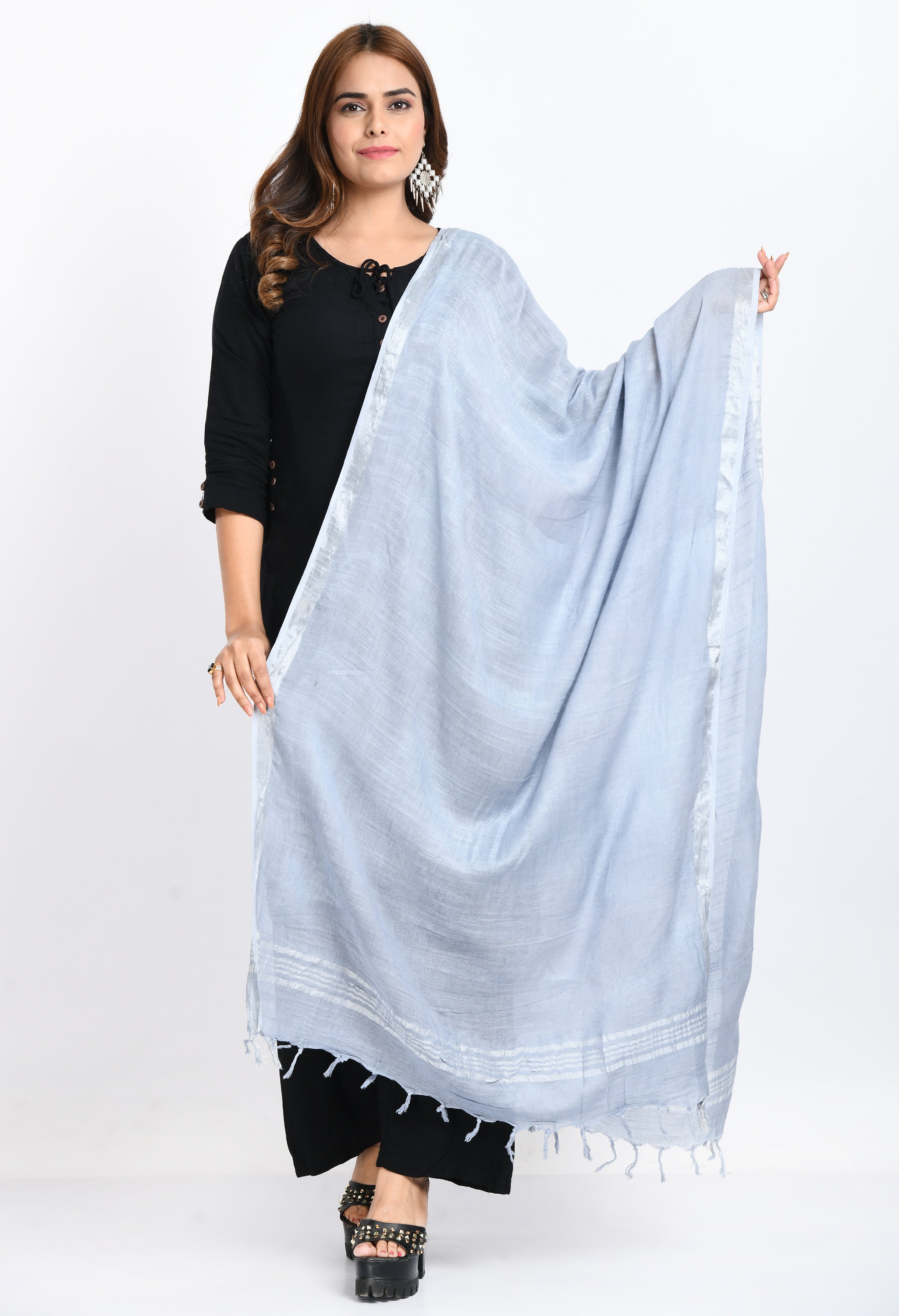 Women's Linen Cotton Silver Border Grey Dupatta