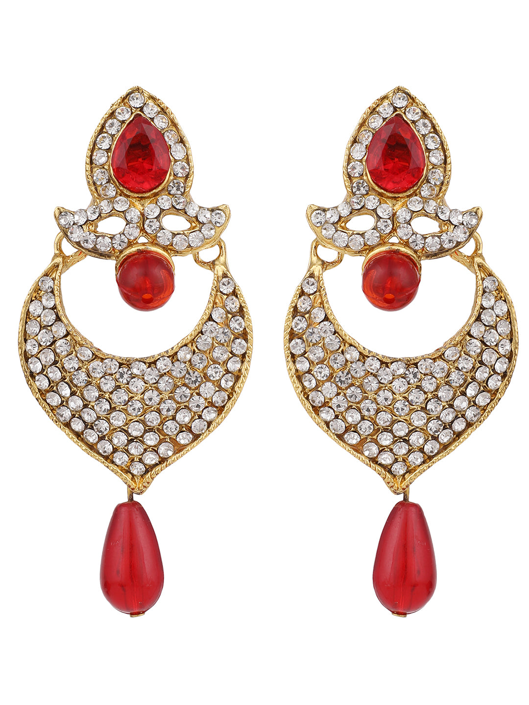 Women's Gold-Toned Red Stone & Pearl Studded Contemporary Chandbalis