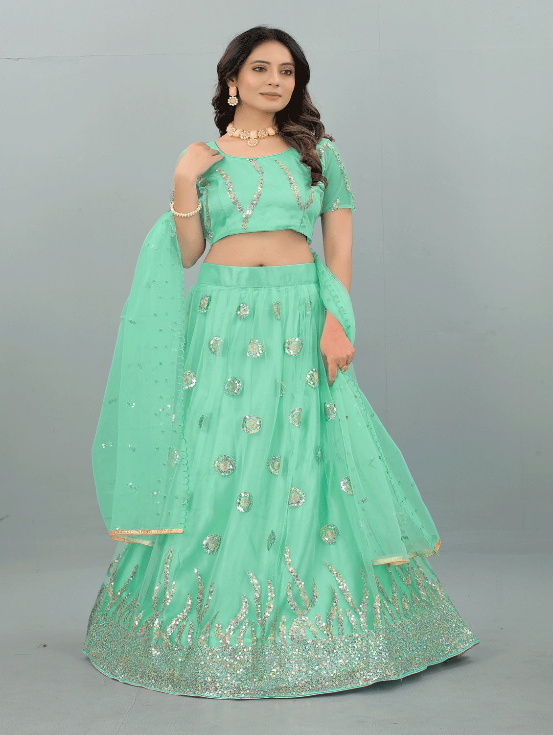 Women's Green color Semi-Stitched  Lehenga Choli with Dupatta