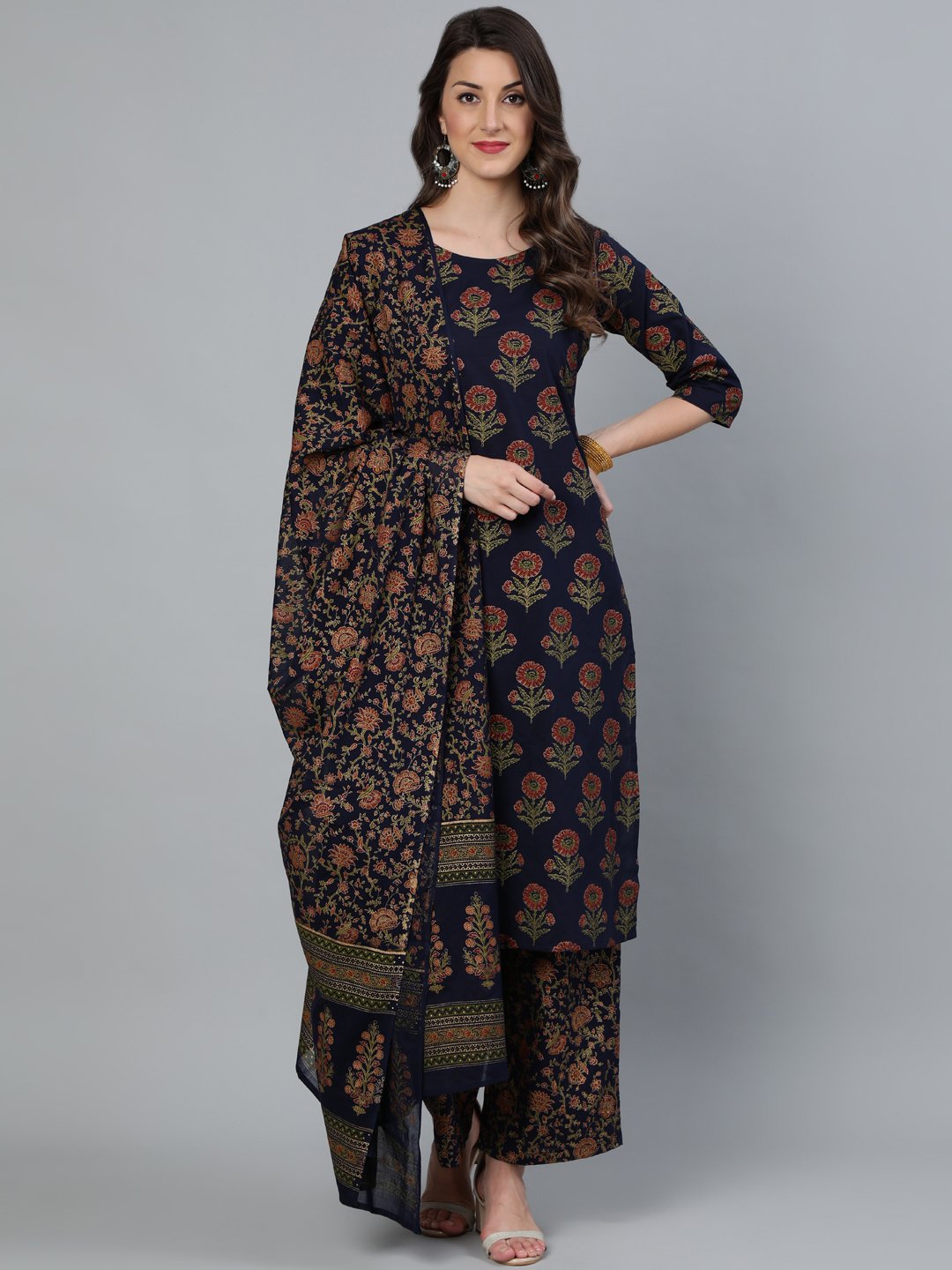 Women's Blue and Gold Printed traight Kurta With Palazzo & Dupatta