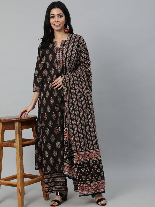 Women's Black Printed Straight Kurta With Plazo & Dupatta