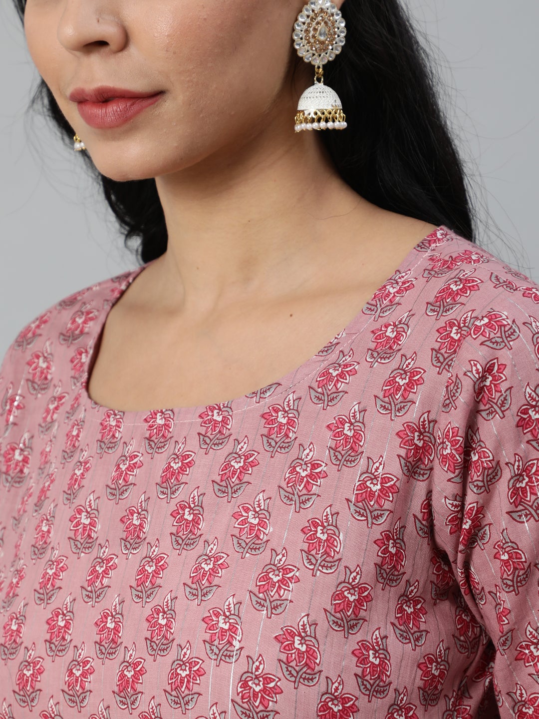 Women's Pink Floral Printed Cotton Kurta & Plazzos With Dupatta