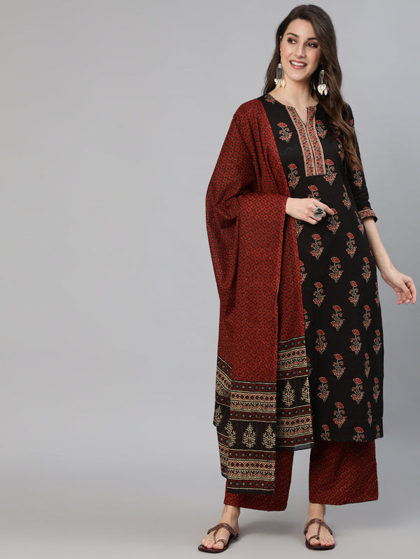 Women's Black and Maroon Floral Printed Straight Kurta With Palzzo And Dupatta