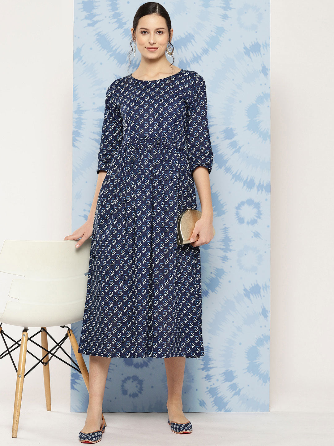 Women's Wome Navy Blue Printed Flared Dress With Three quarter Sleeves