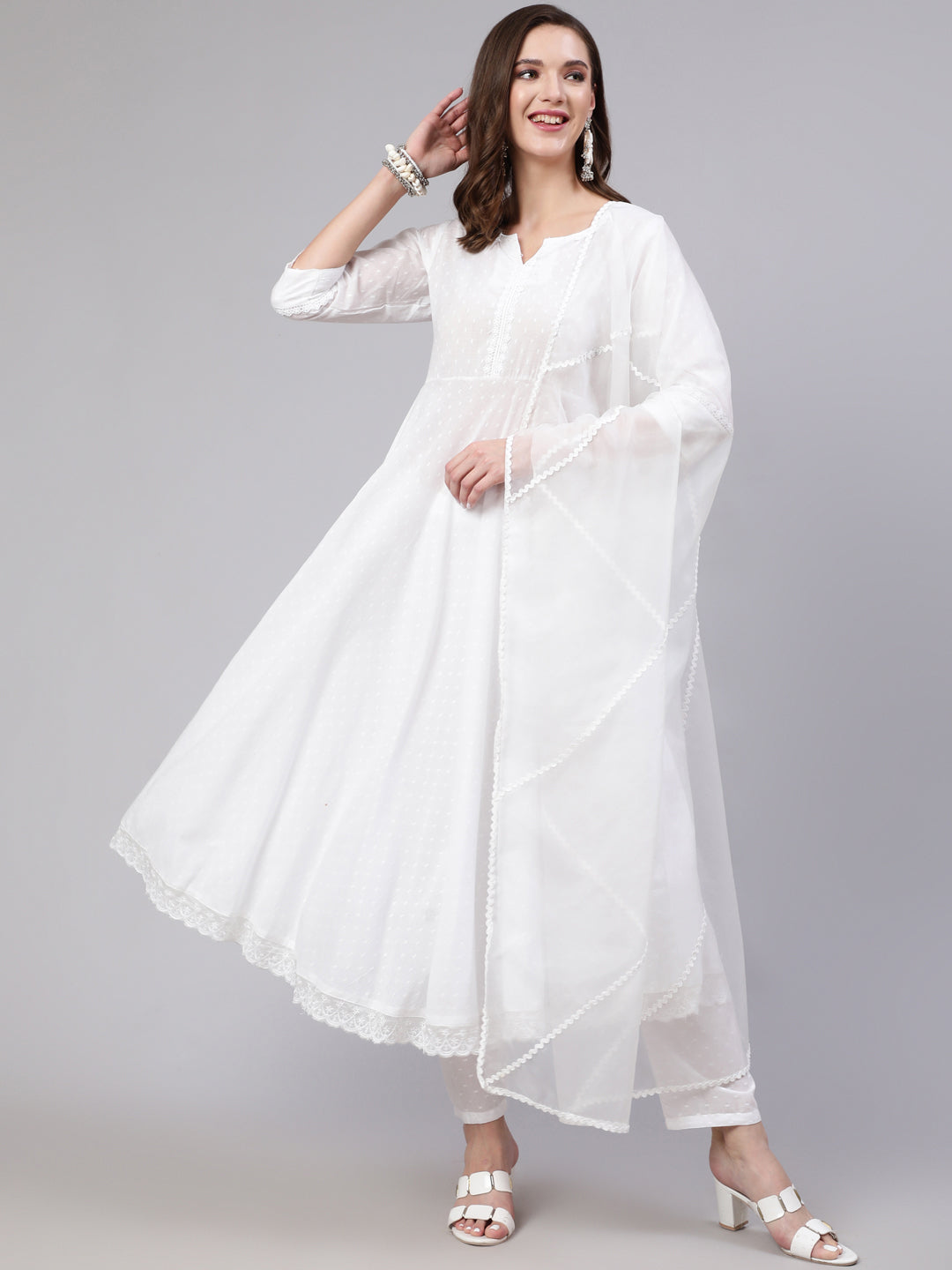 Women's White Lace details Flared Kurta With Trouser And Dupatta