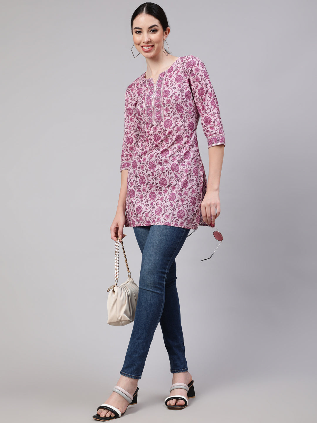Women's Pink Straight Tunic With Three Quaretr Sleeves