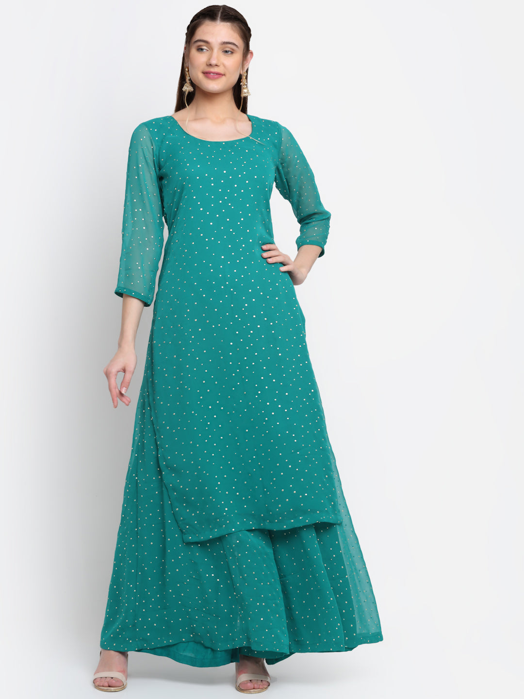 Women's Sparkling Green Hues Georgette Foil Straight Kurti With Palazzo