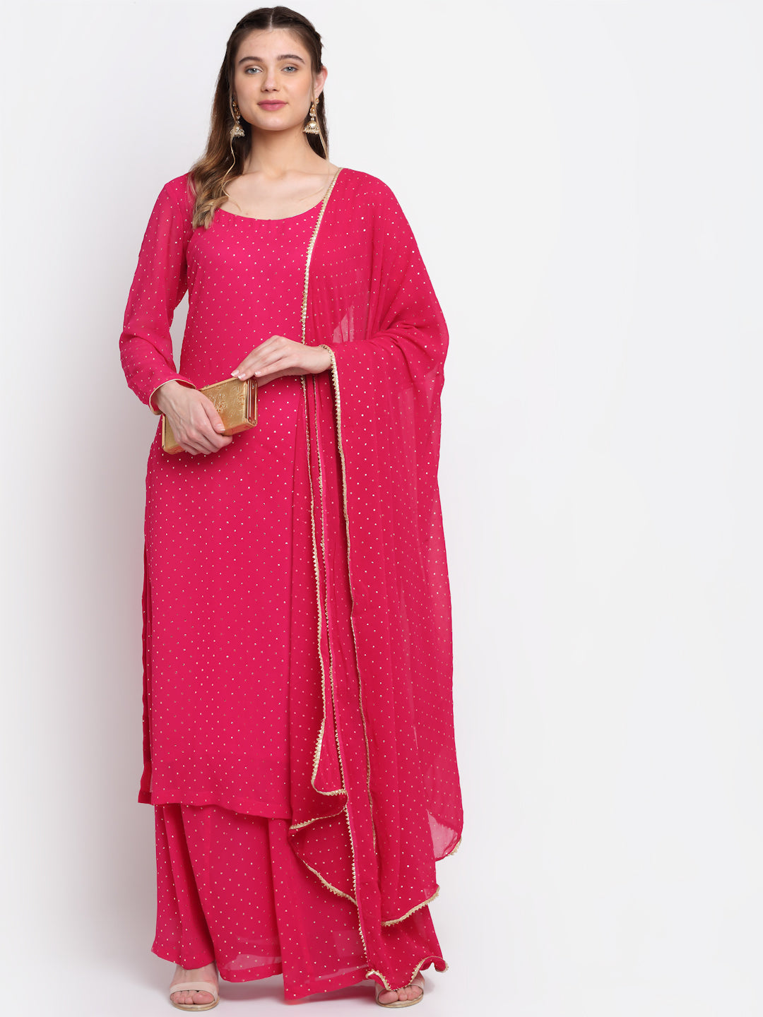 Women's Sparkling Pink Hues Georgette Foil Straight Kurti With Palazzo And Dupatta