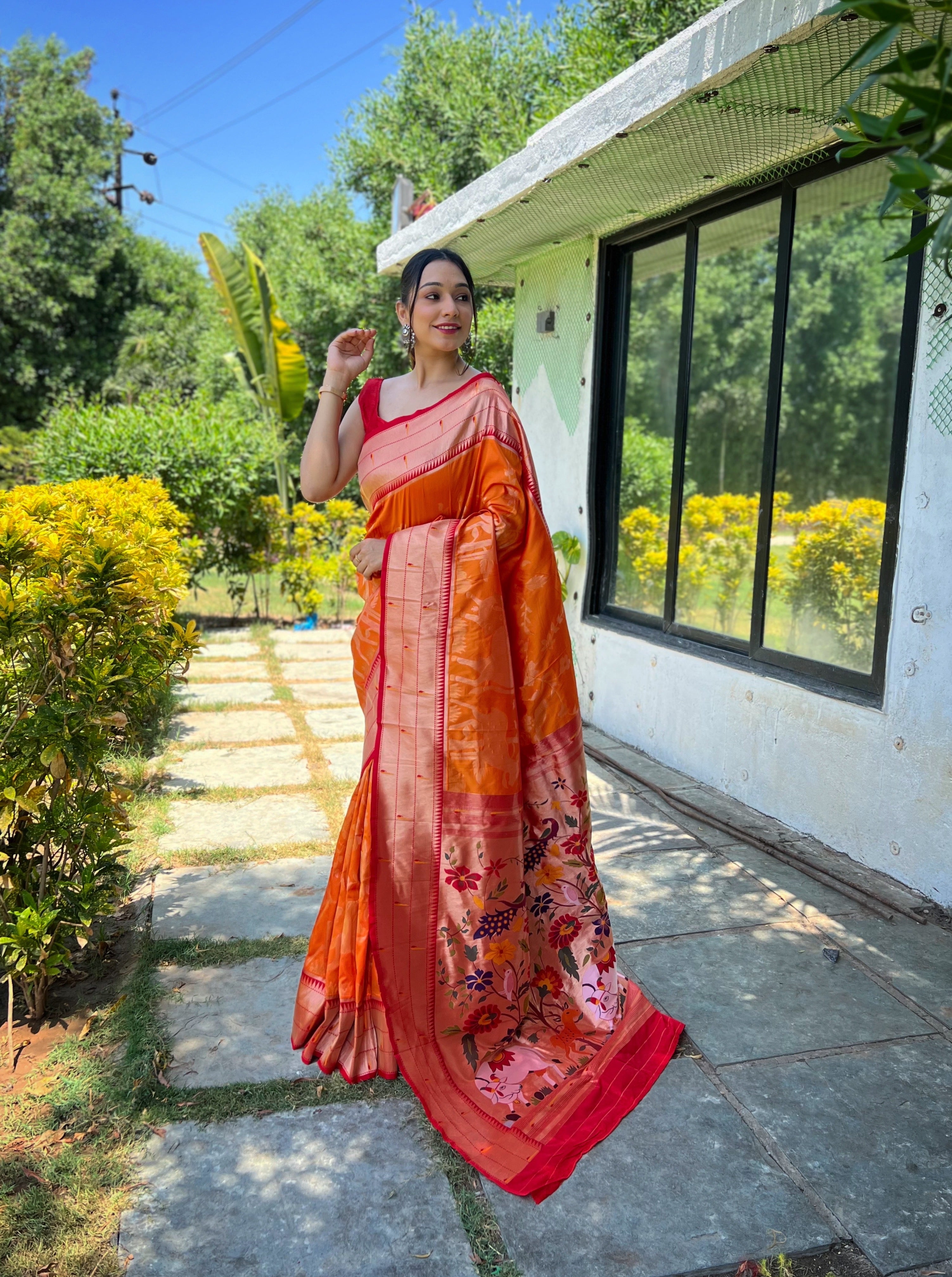 Women's Orange Gauri Paithani Silk Pichwai Woven Saree