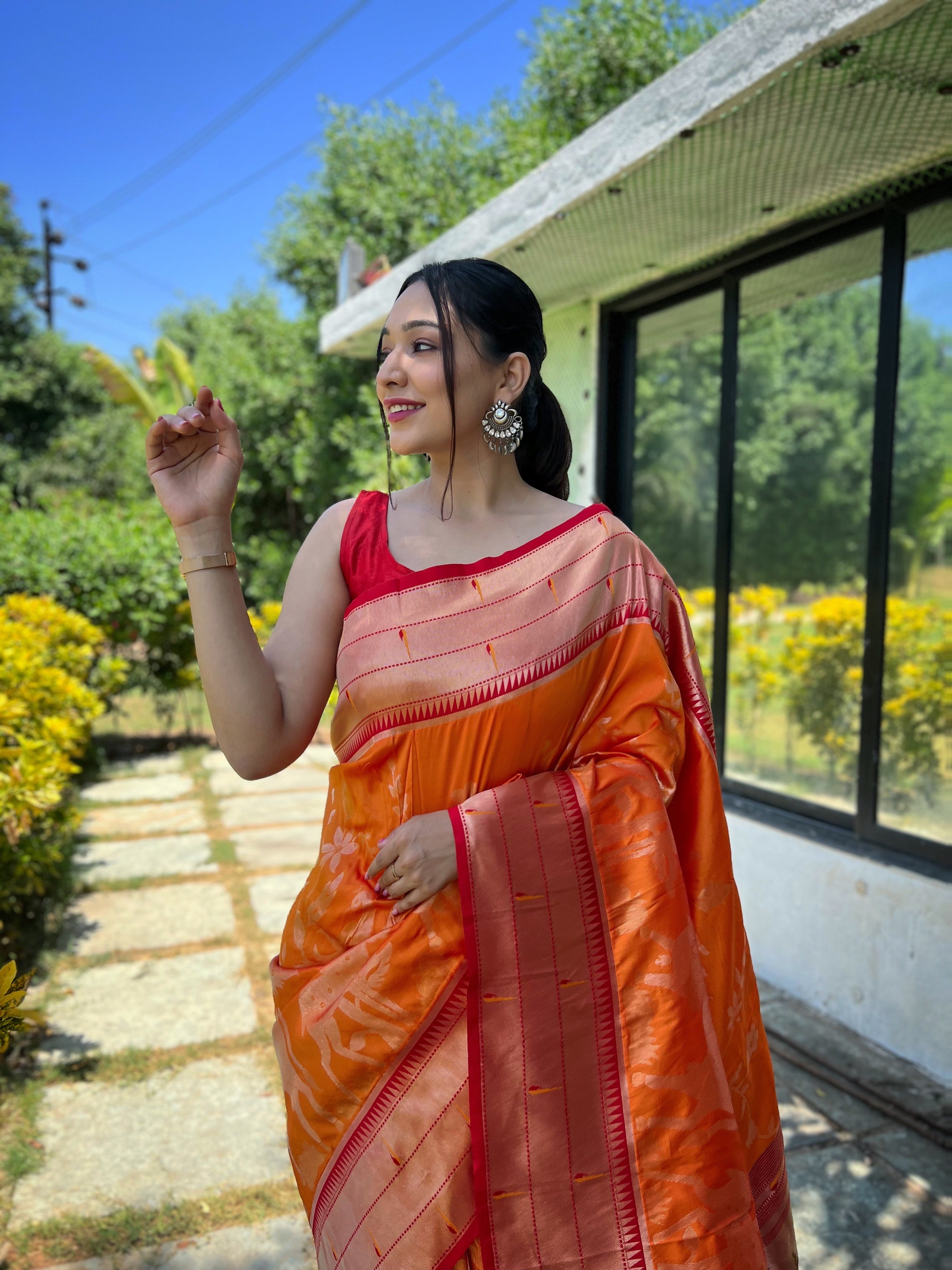 Women's Orange Gauri Paithani Silk Pichwai Woven Saree