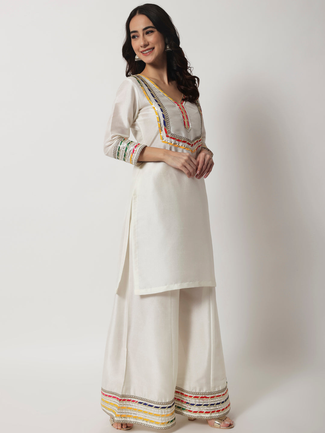Women's Charming Ivory Short Kurti With Kalidaar Palazzo