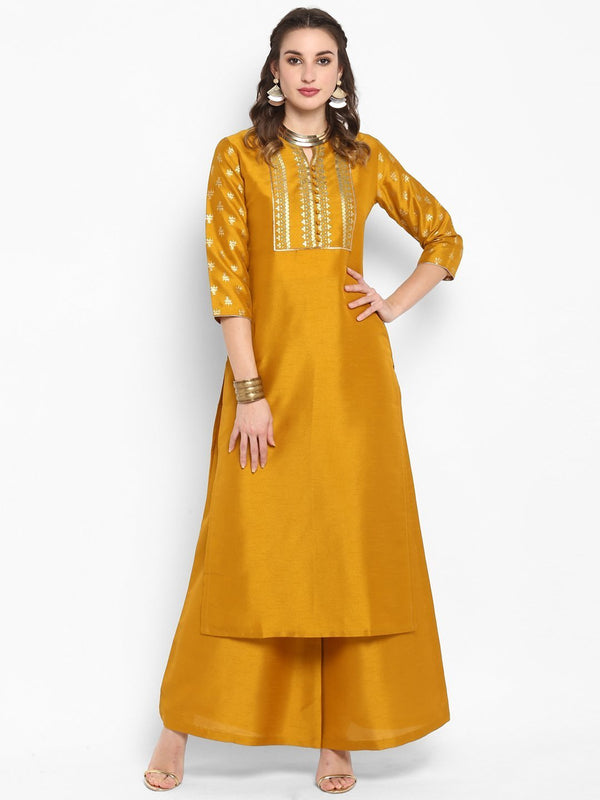 Women's Mustard Poly Silk Kurta With Palazzo