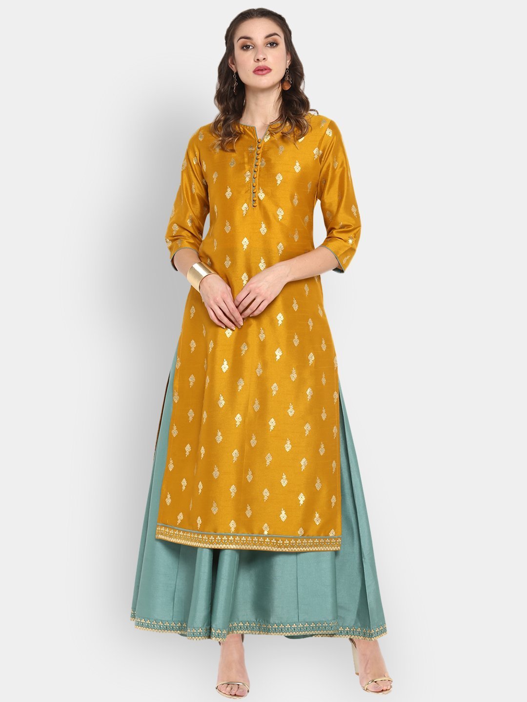 Women's Mustard Poly Silk Ethnic Anarkali Set