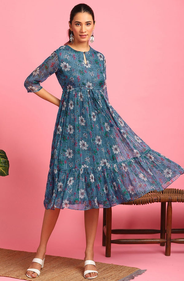 Women's Blue Poly Georgette Western Dre