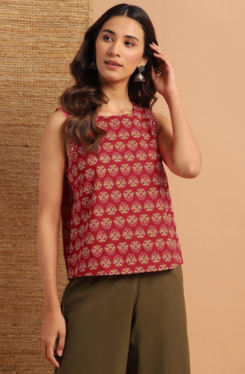 Women's Red Cotton floral printed Top