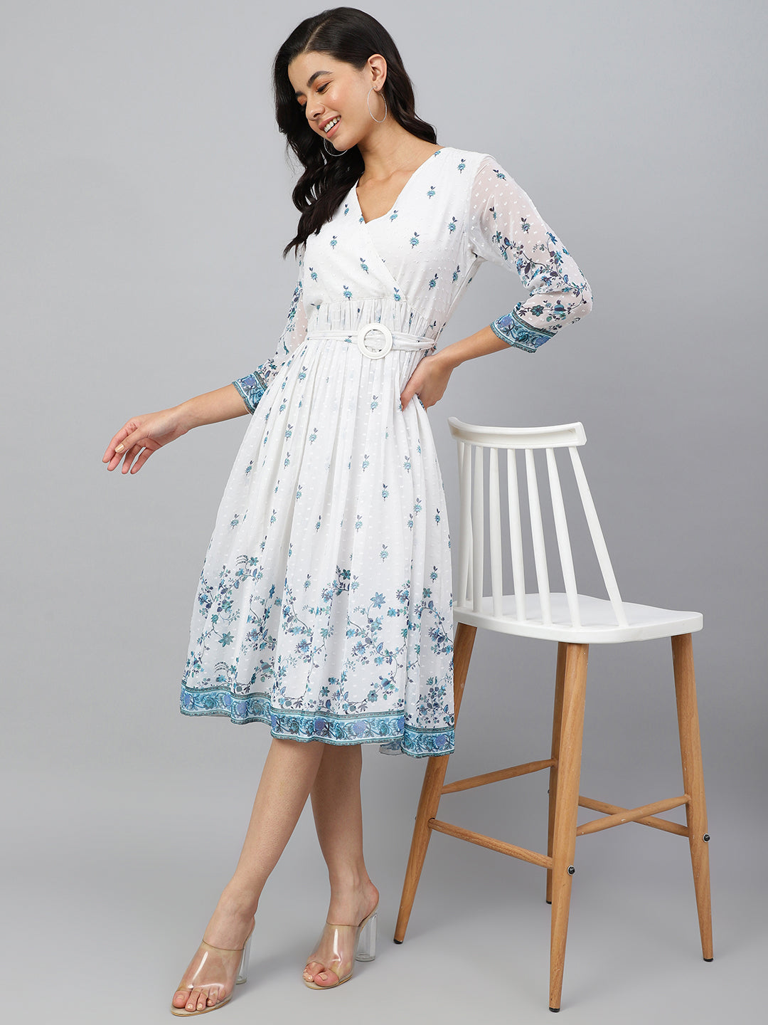 Women's Digital Printed White Georgette Dress