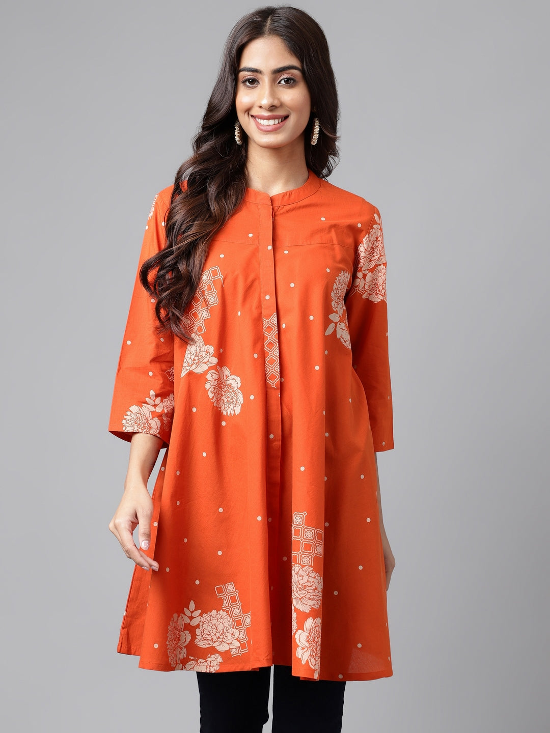 Women's Floral Printed Orange Cotton Tunics