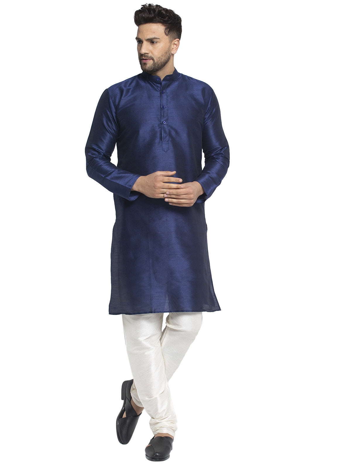 Men's Navy Solid Dupion Silk Kurta Payjama Set ( JOKP 636 Navy )