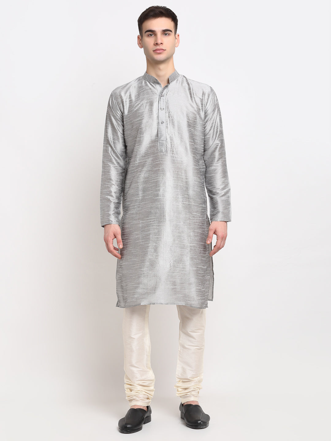 Men's Silver Solid Dupion Silk Kurta Payjama Set ( JOKP 636 Silver )