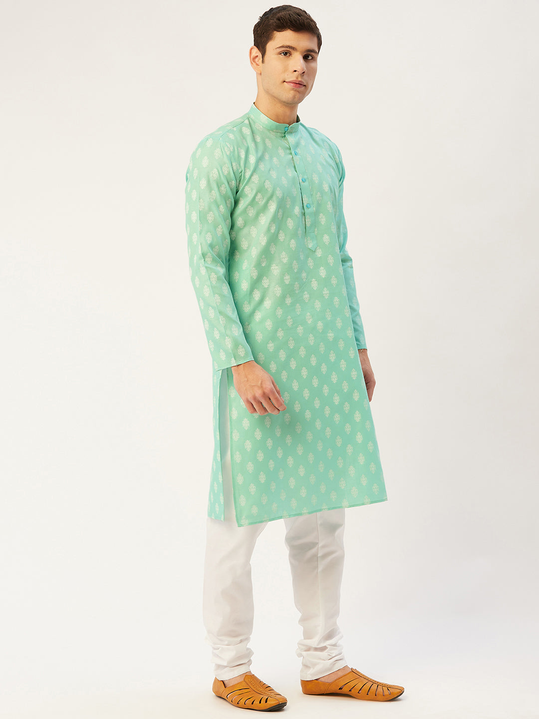 Men's Green Cotton Floral printed kurta Pyjama Set ( JOKP 650 Green )