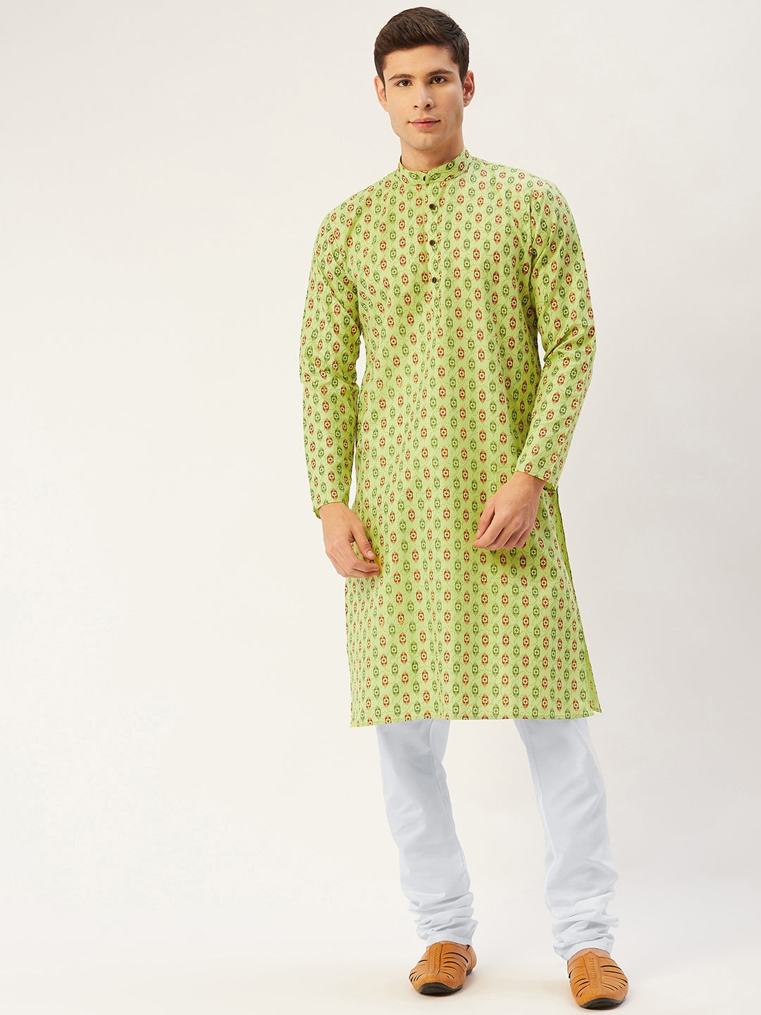 Men's Green Cotton Ikat printed kurta Pyjama Set ( JOKP 651 Green )