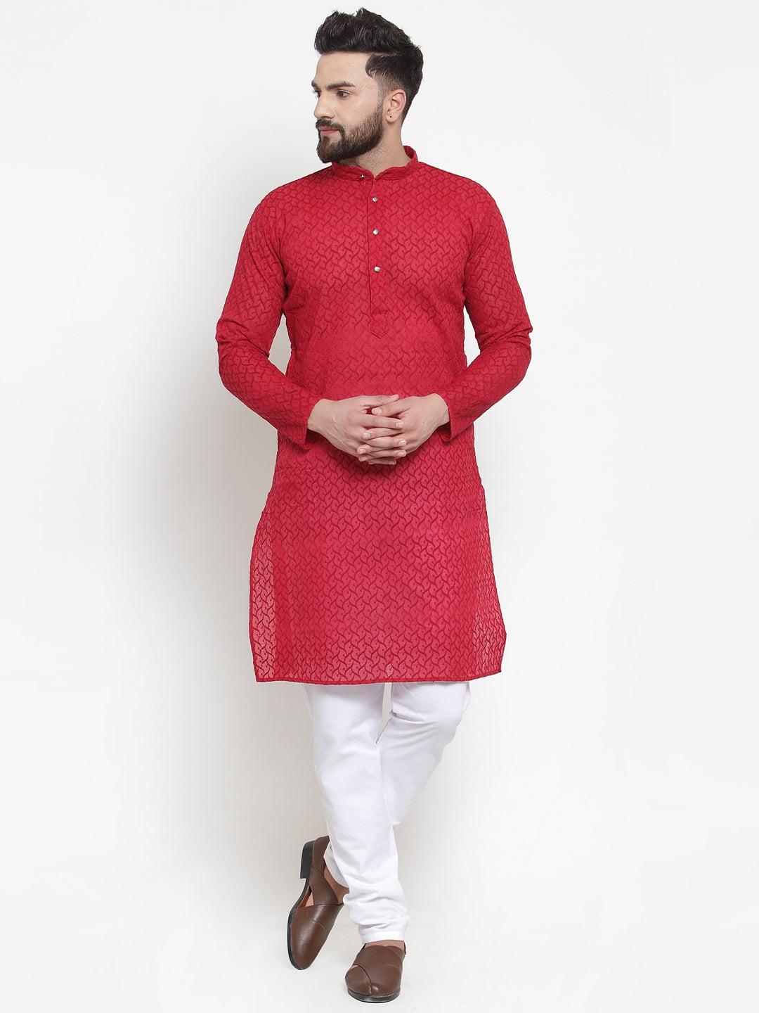 Men's Maroon Chikan Kurta With Churidar ( Jokp 561 Maroon )