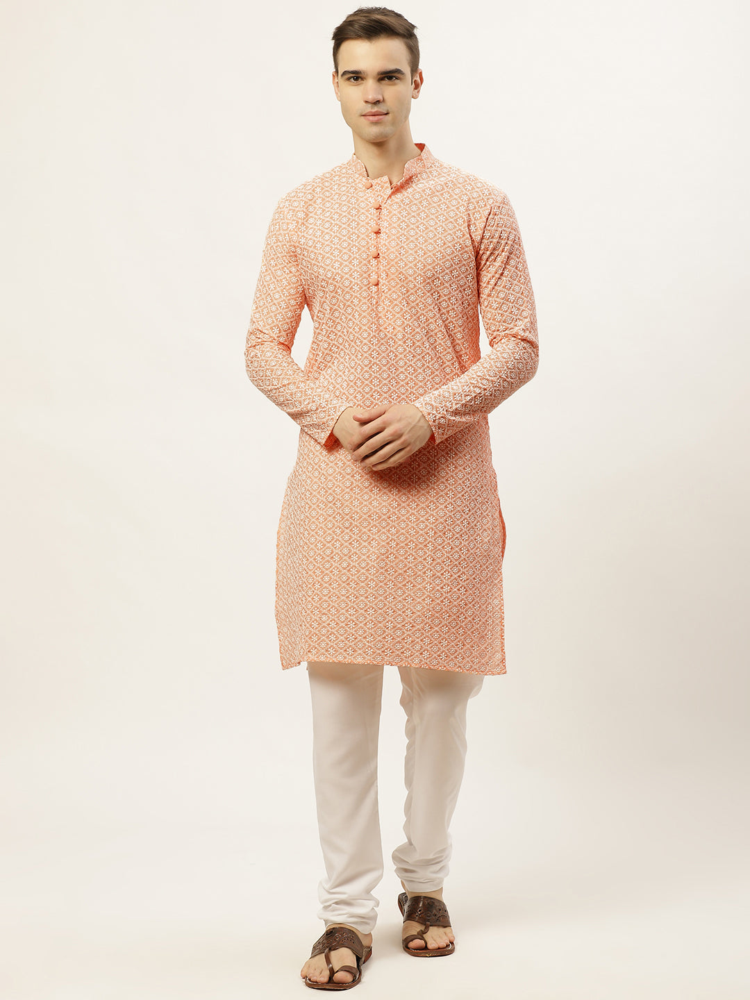 Men's Orange Embroidered Kurta Payjama Sets ( JOKP 626 Orange )