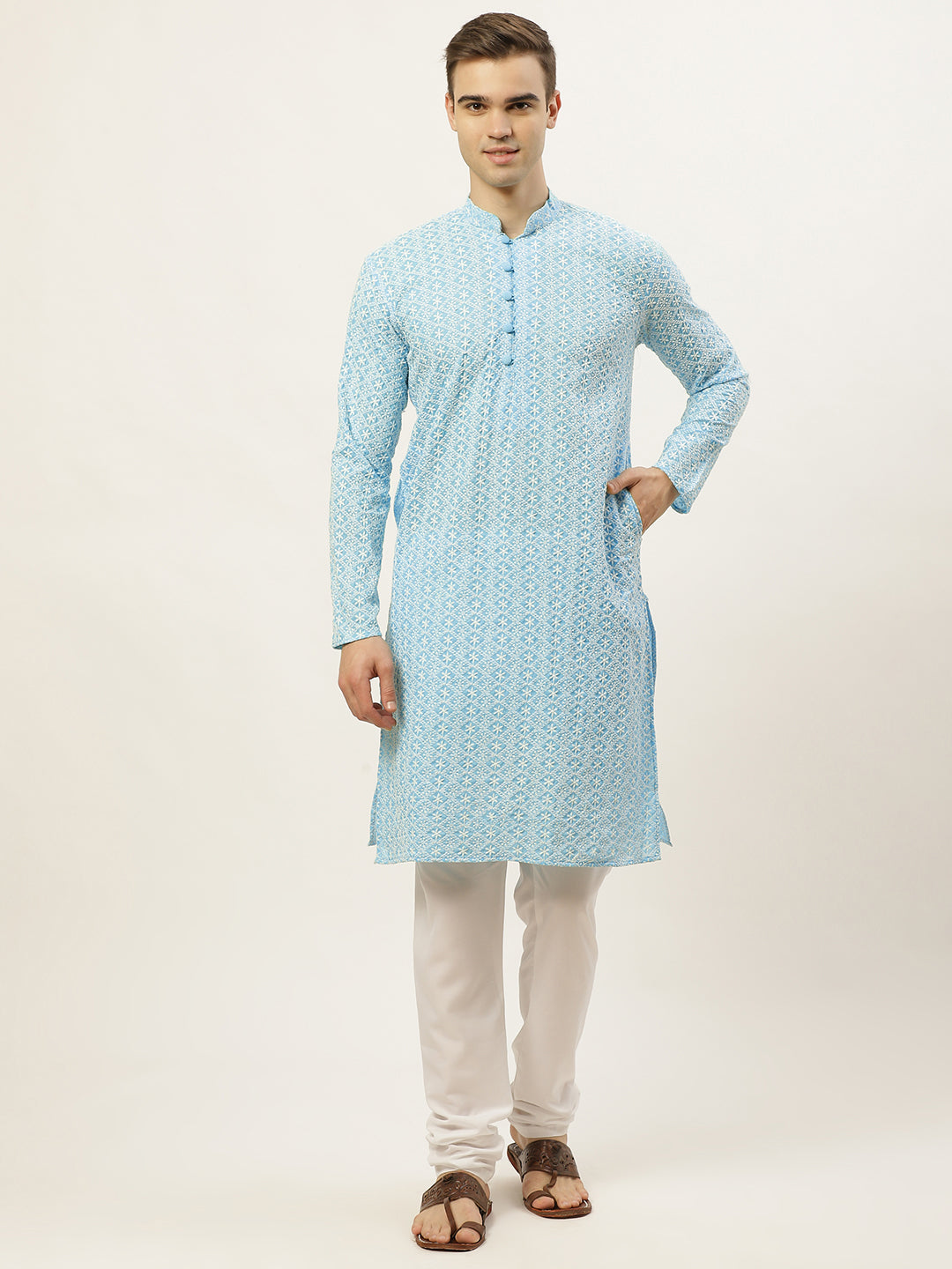 Men's Sky Embroidered Kurta Payjama Sets ( JOKP 626 Sky )
