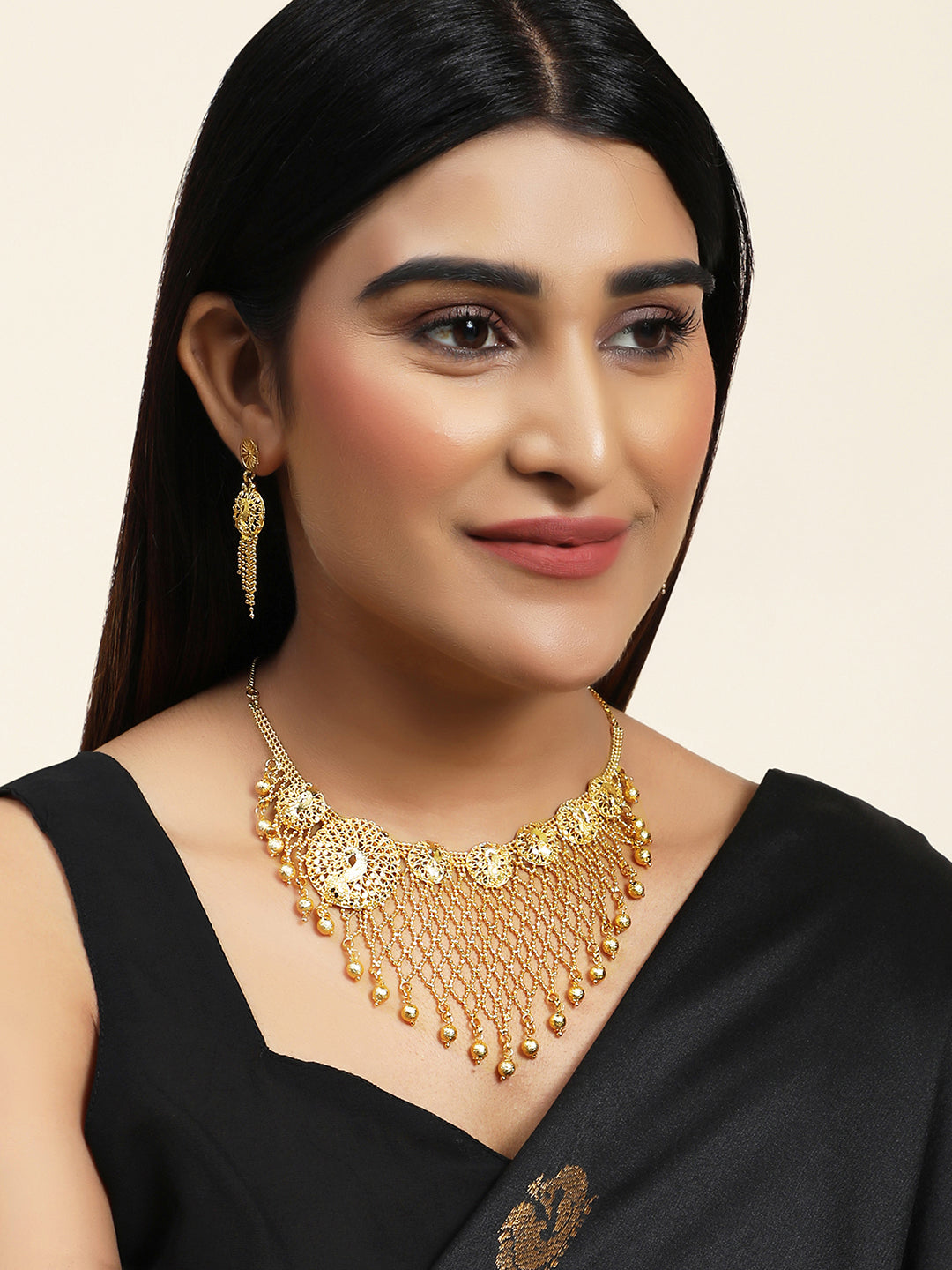 Women's Gold Plated Jaal Work Peacock Traditional Brass Full Neck Cover Jewellery Set