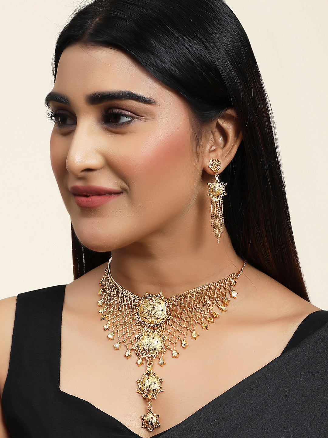 Women's Gold Plated Jaal Work Star Traditional Brass Full Neck Cover Jewellery Set