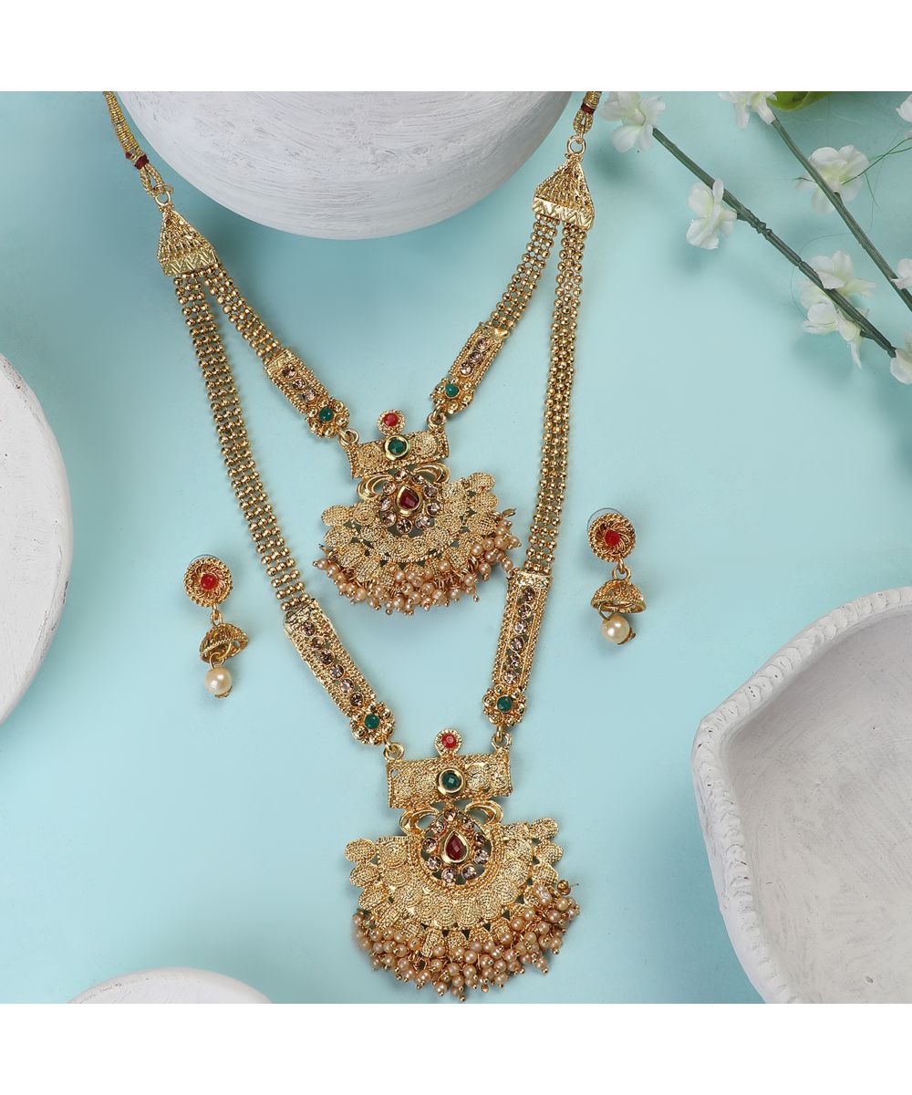 Women's Traditional Two Layered Gold Plated Heavy Ornamental Stone and Pearl Studded Necklace with Earring set