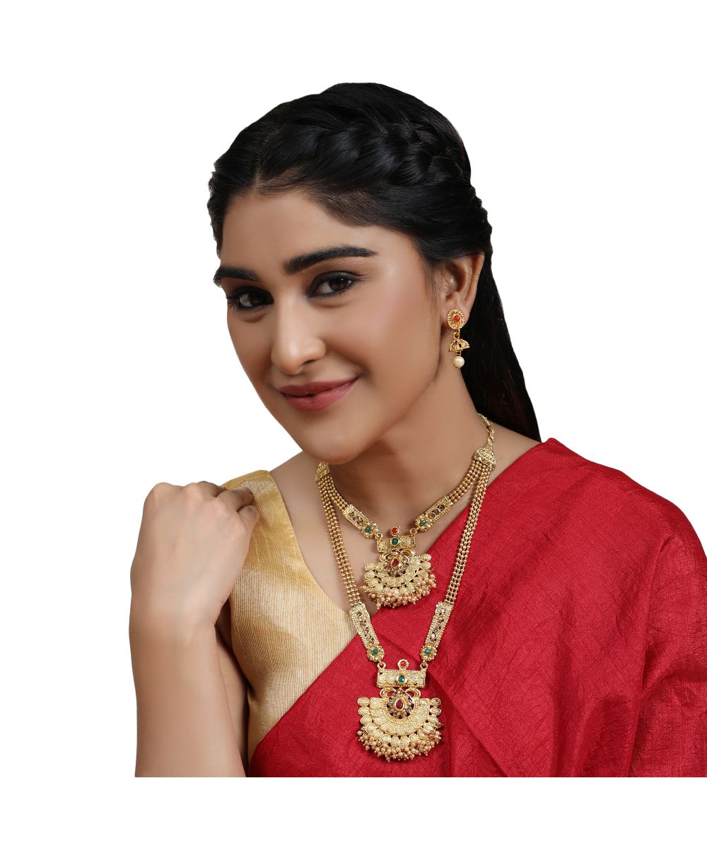 Women's Traditional Two Layered Gold Plated Heavy Ornamental Stone and Pearl Studded Necklace with Earring set