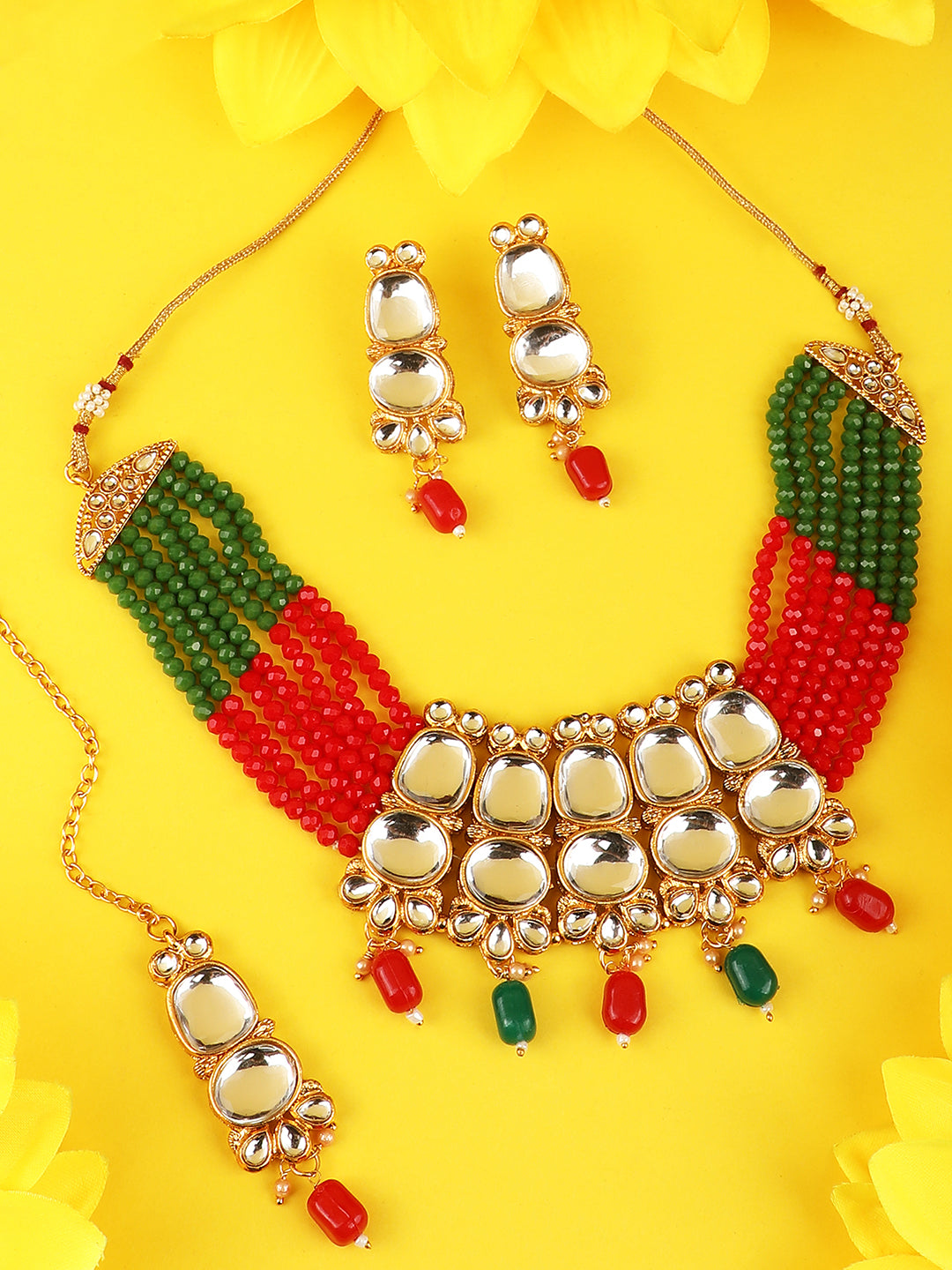 Women's/Girls Traditonal Gold Plated Two Layered Uncut Kundan Studded With Multicolor Pearl Layered Necklace Set With Earrings And Maangtikka Set