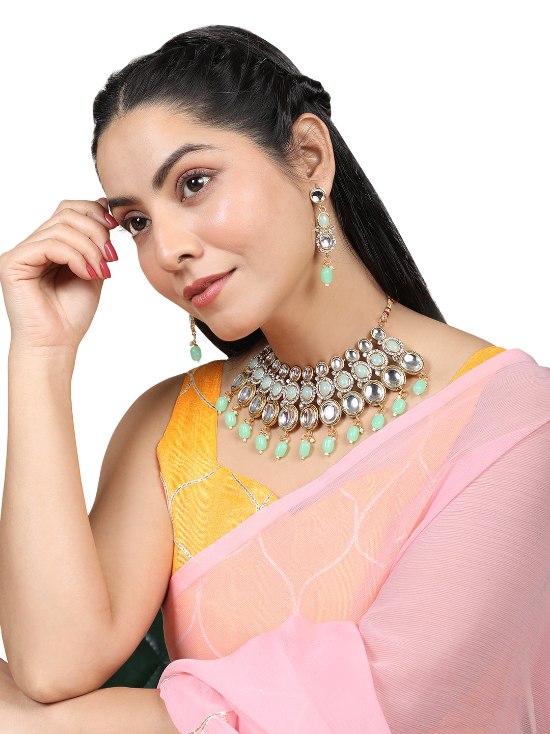 Women's/Girls Ethnic Gold Plated Three Layered Uncut Kundan Studded Green Colored Pearl Drop Necklace Set With Earring