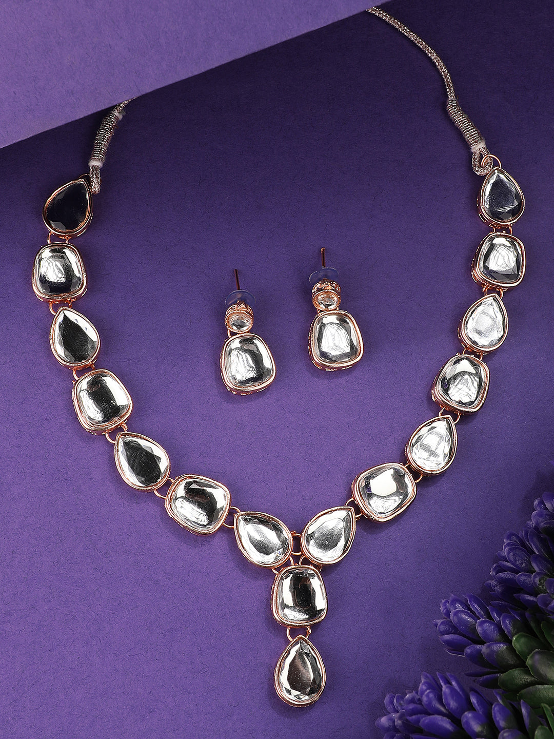 Women's/Girls Contemporary Gold Plated Uncut Kundan Studded Necklace With Kundan Drop Earring Set