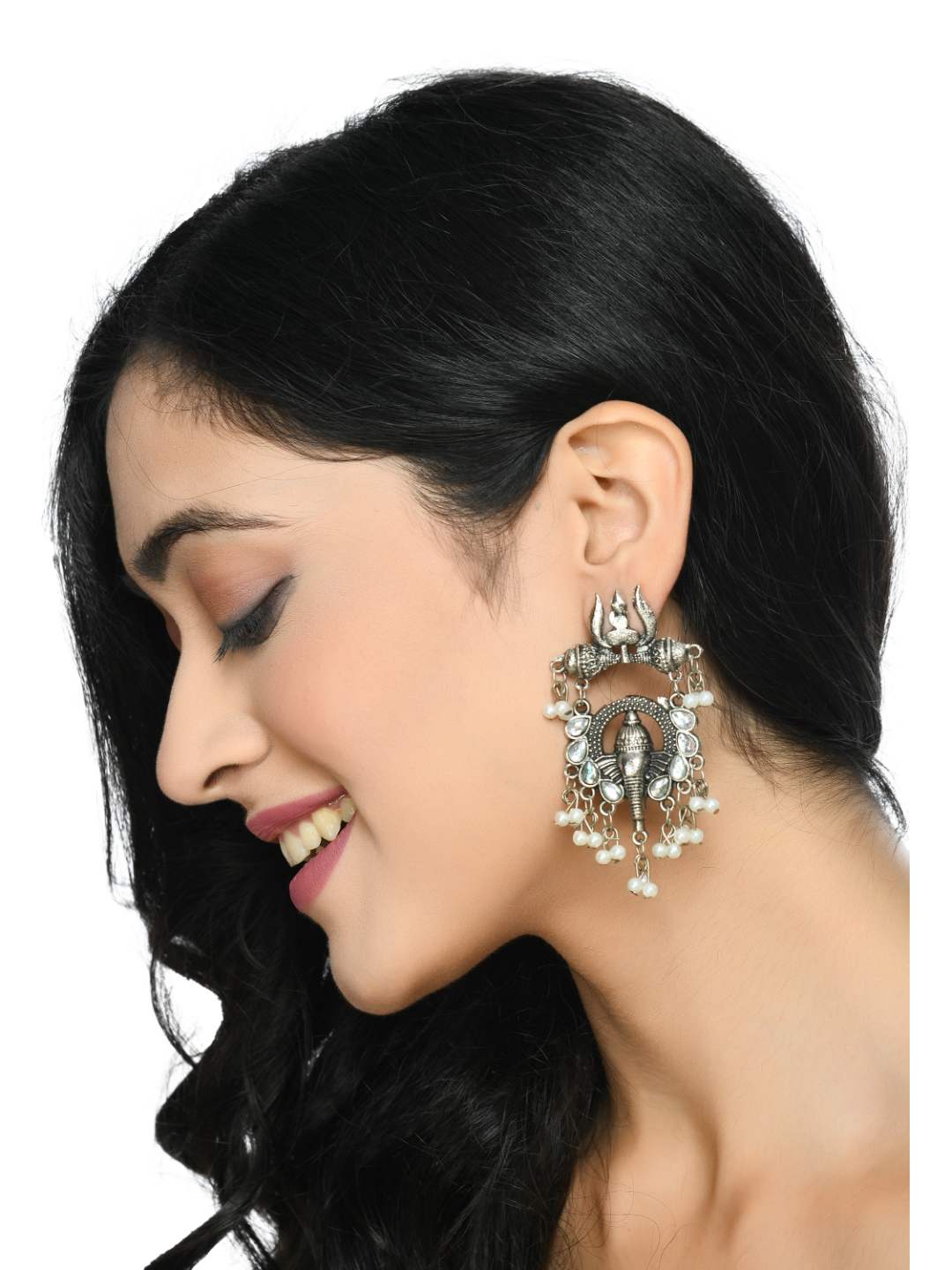 Johar Kamal Ganesh Design Silver Color Earrings Jh