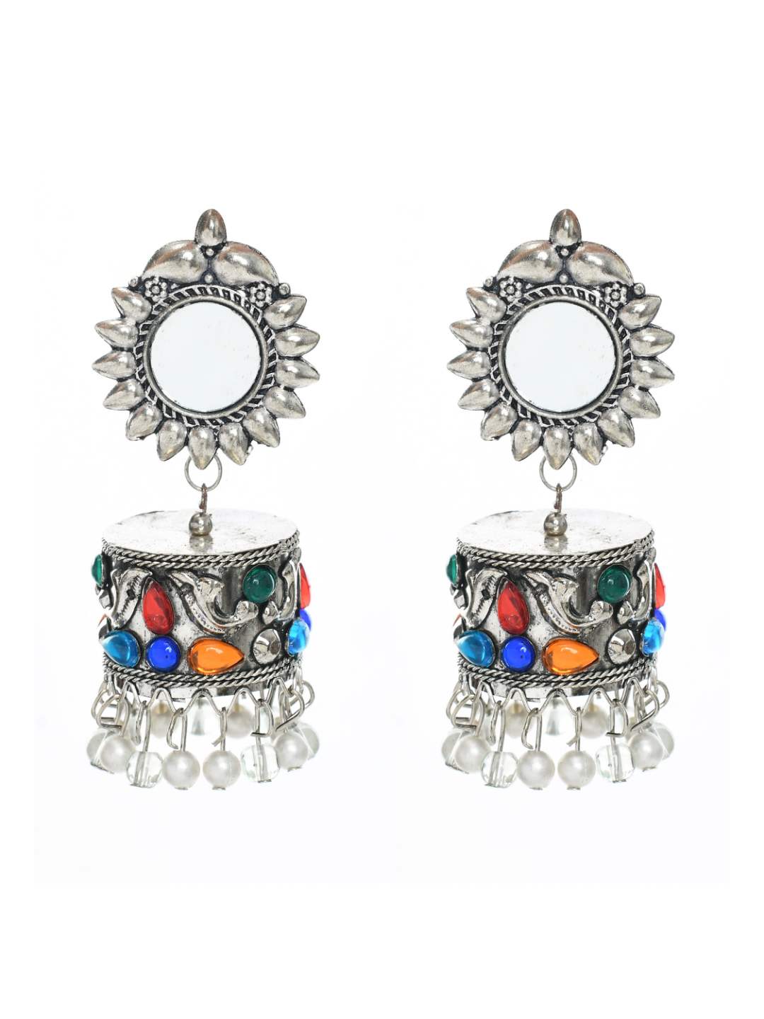 Johar Kamal Silver color Earrings with multi Pearls & mirror work Jh