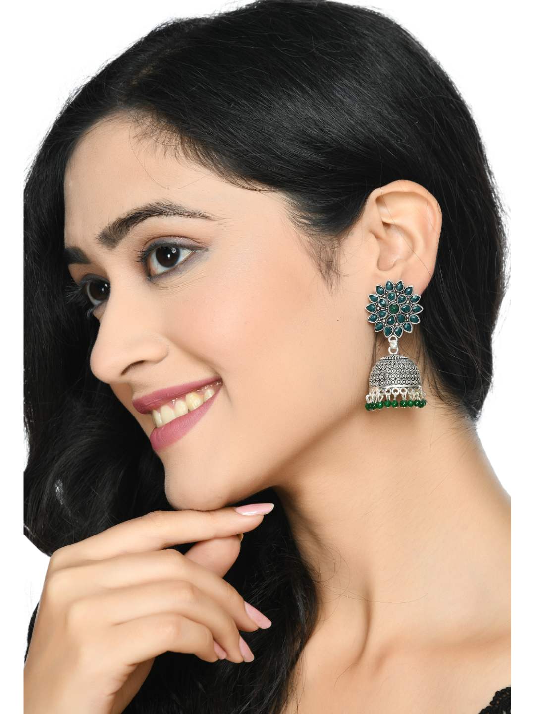 Trendia Silver Kundan work Jhumkas with Green Pearls