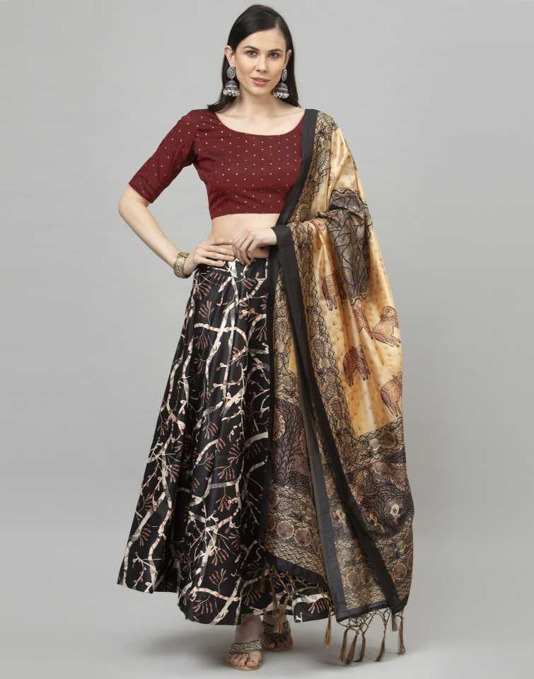 Women's Digital Print Shiney Satin Semistitched Lehenga Choli With Unstitched Blouse And Thred Work Dupatta