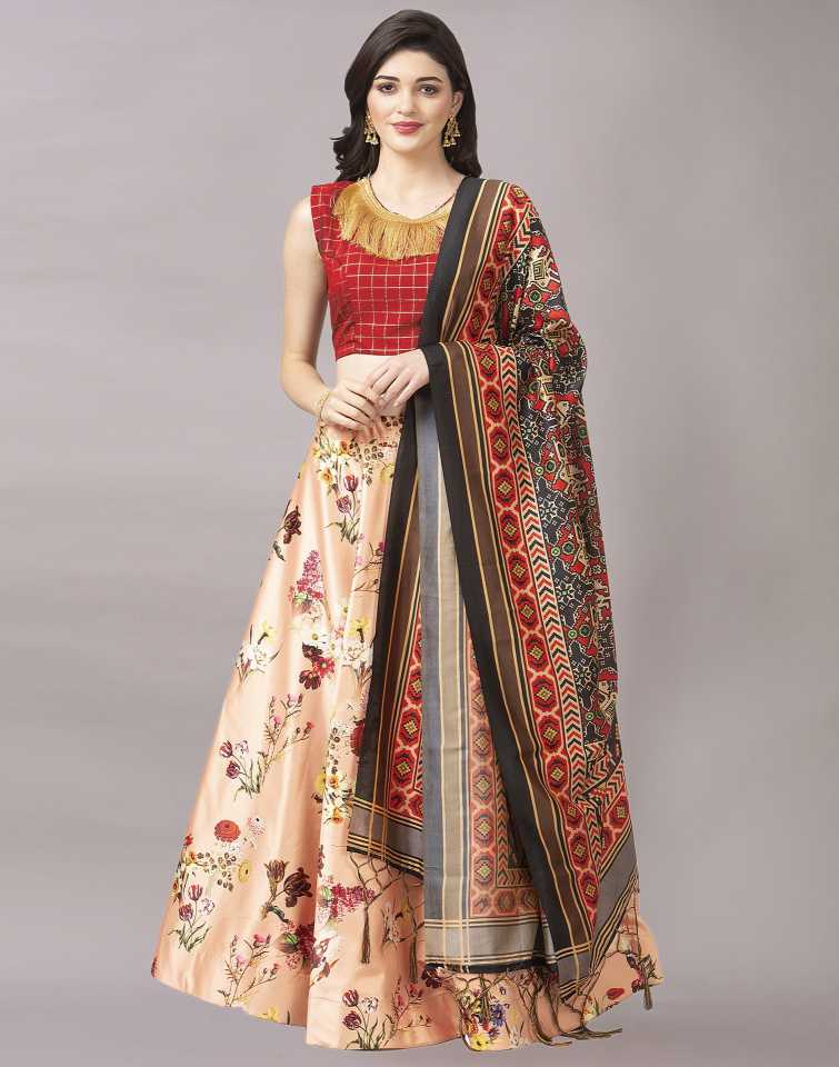 Women's Digital Print Shiney Satin Semistitched Lehenga Choli With Unstitched Blouse And Thred Work Dupatta
