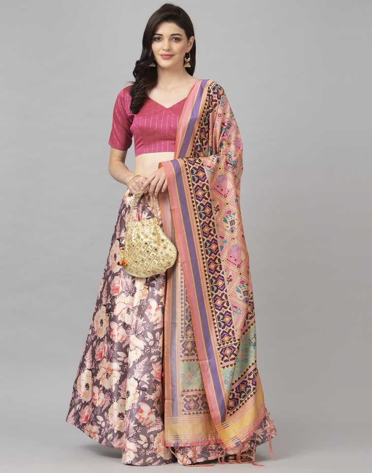 Women's Digital Print Shiney Satin Semistitched Lehenga Choli With Unstitched Blouse And Thred Work Dupatta