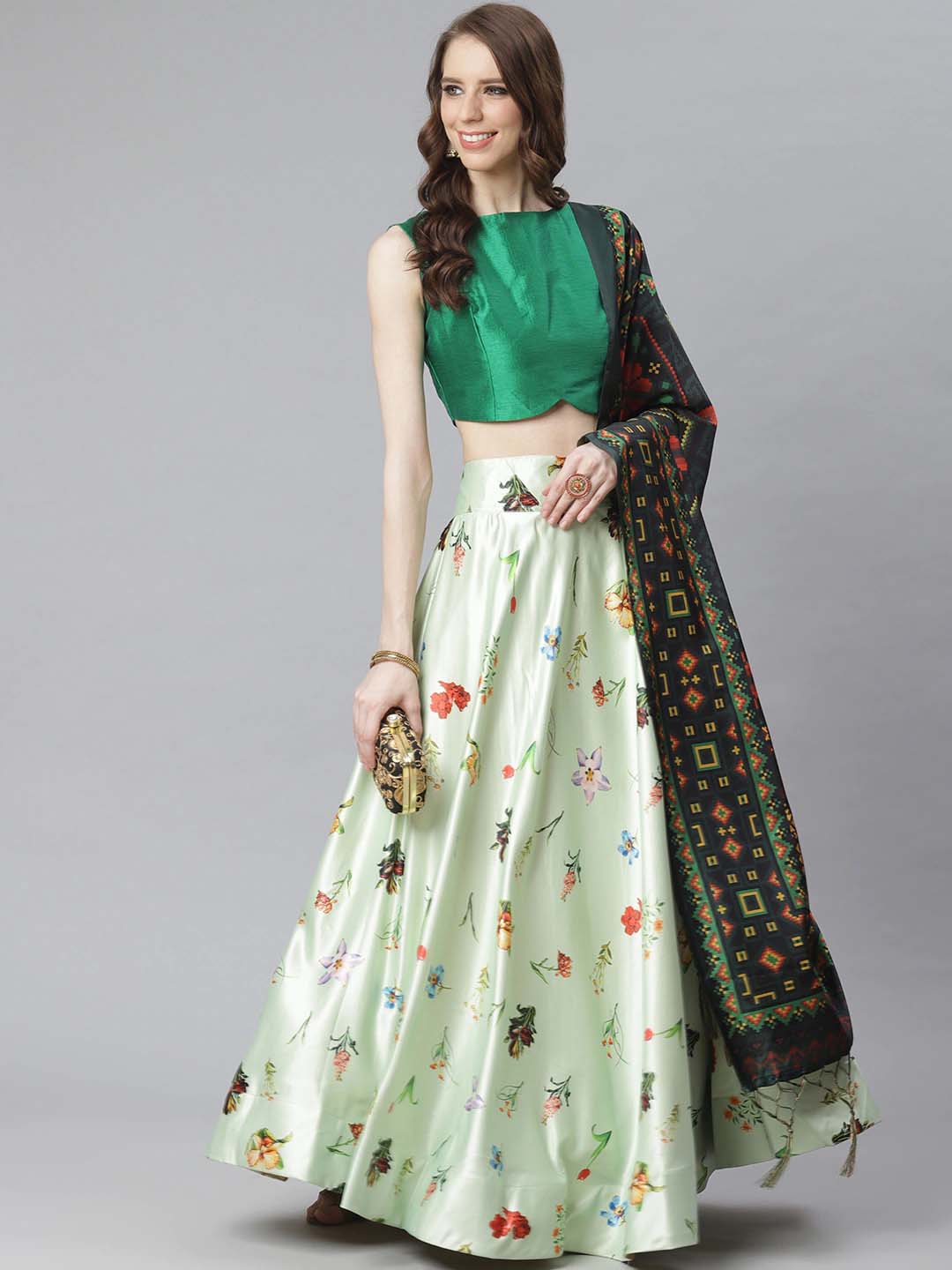 Women's Digital Print Shiney Satin Semistitched Lehenga Choli With Unstitched Blouse And Thred Work Dupatta