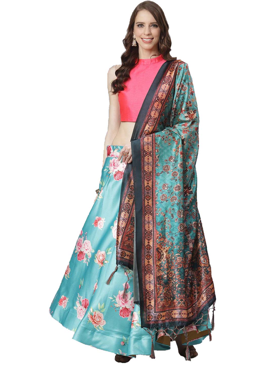 Women's Digital Print Shiney Satin Semistitched Lehenga Choli With Unstitched Blouse And Thred Work Dupatta