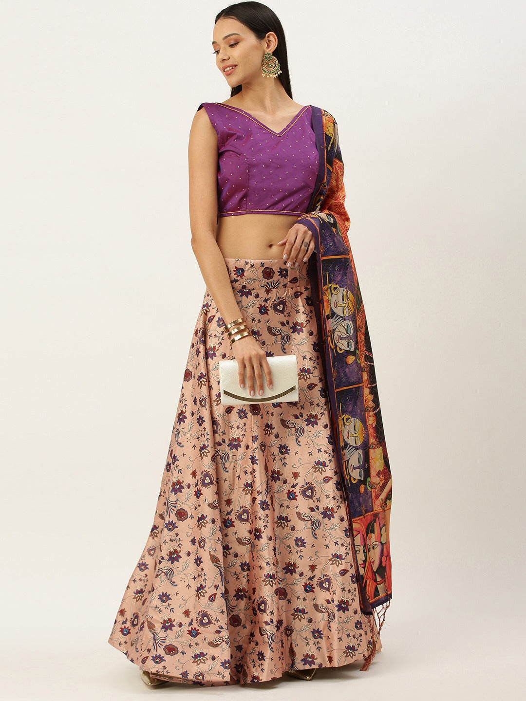 Women's Digital Print Shiney Satin Semistitched Lehenga Choli With Unstitched Blouse And Thred Work Dupatta