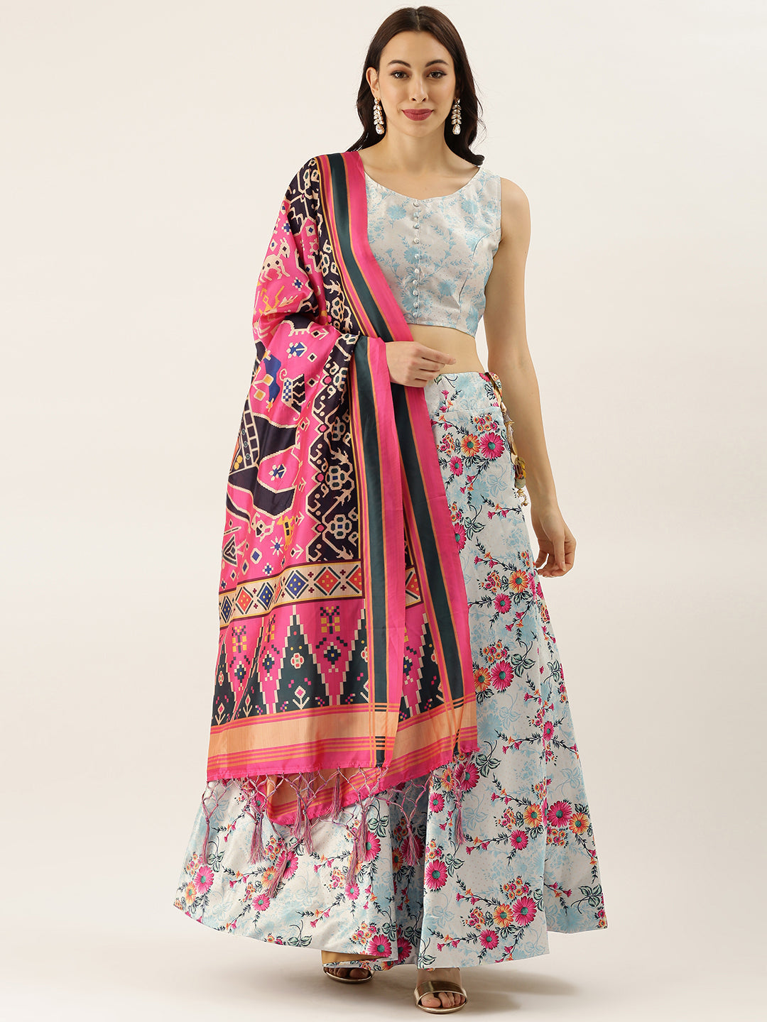 Women's Digital Print Shiney Satin Semistitched Lehenga Choli With Unstitched Blouse And Thred Work Dupatta
