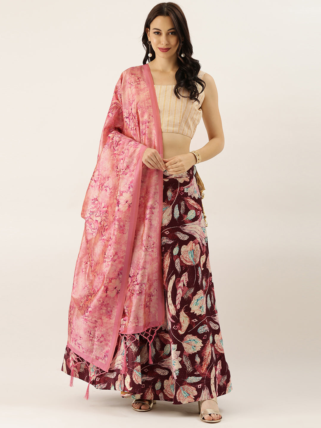 Women's Digital Print Shiney Satin Semistitched Lehenga Choli With Unstitched Blouse And Thred Work Dupatta