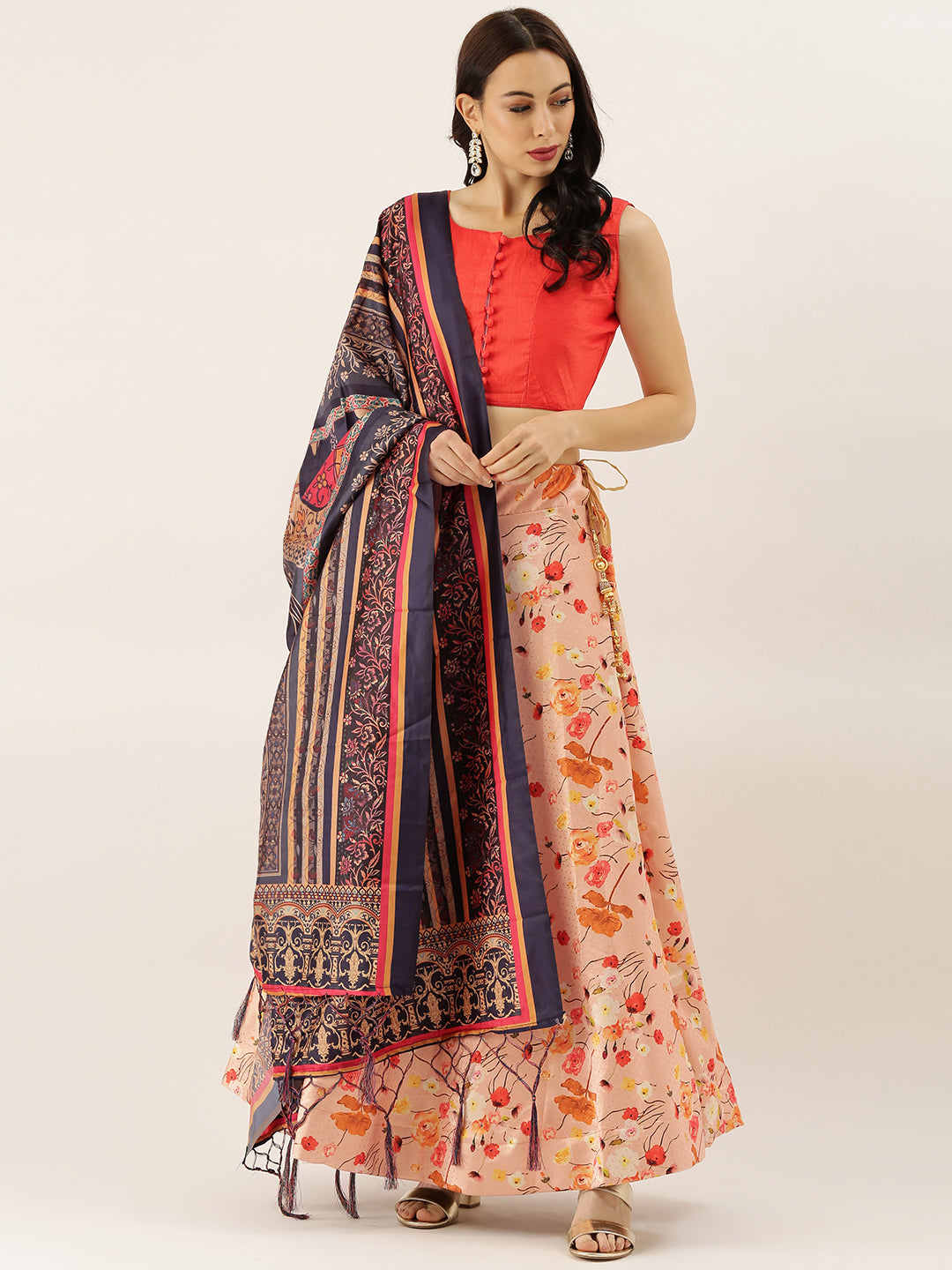 Women's Digital Print Shiney Satin Semistitched Lehenga Choli With Unstitched Blouse And Thred Work Dupatta
