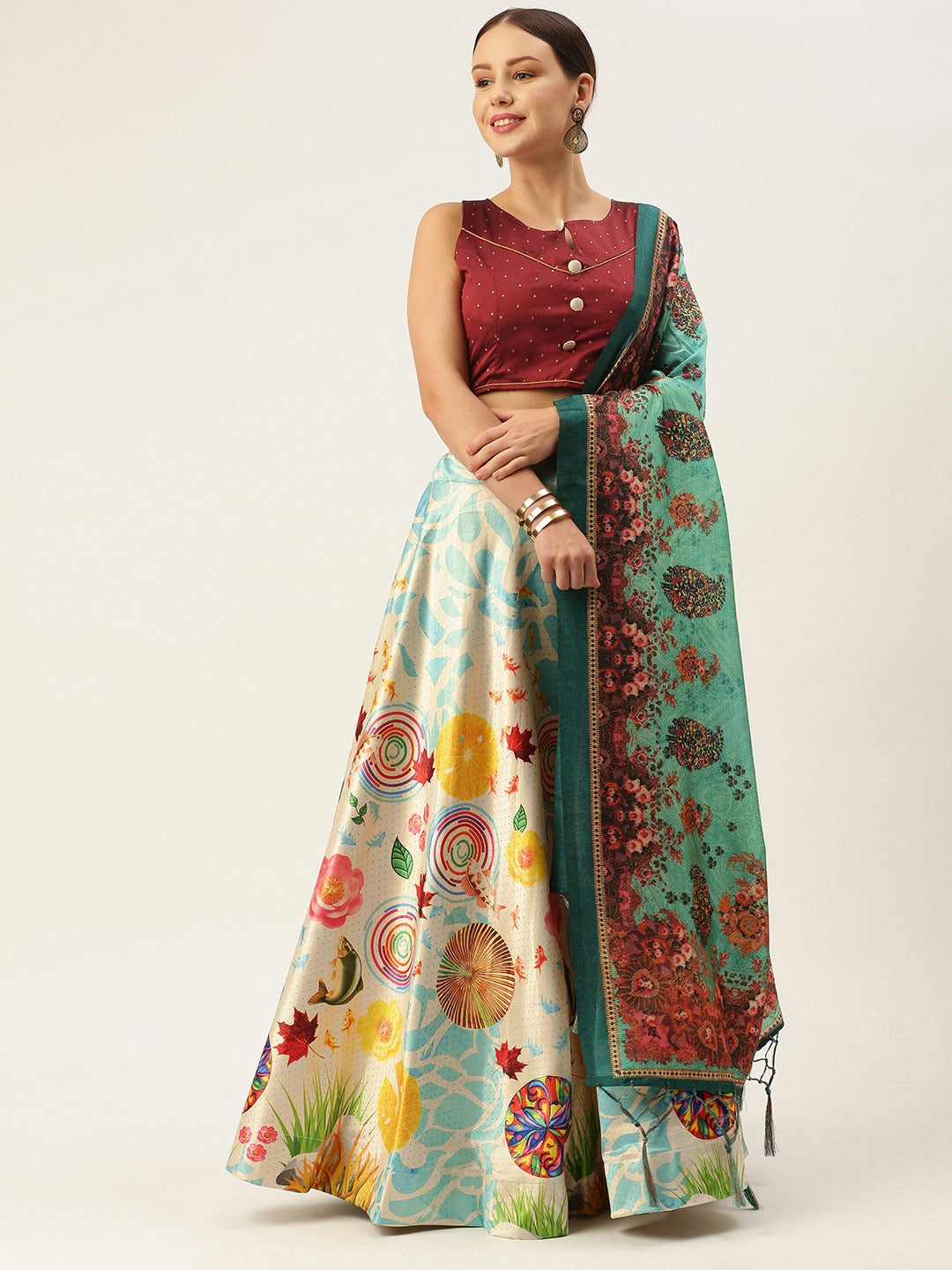 Women's Digital Print Shiney Satin Semistitched Lehenga Choli With Unstitched Blouse And Thred Work Dupatta