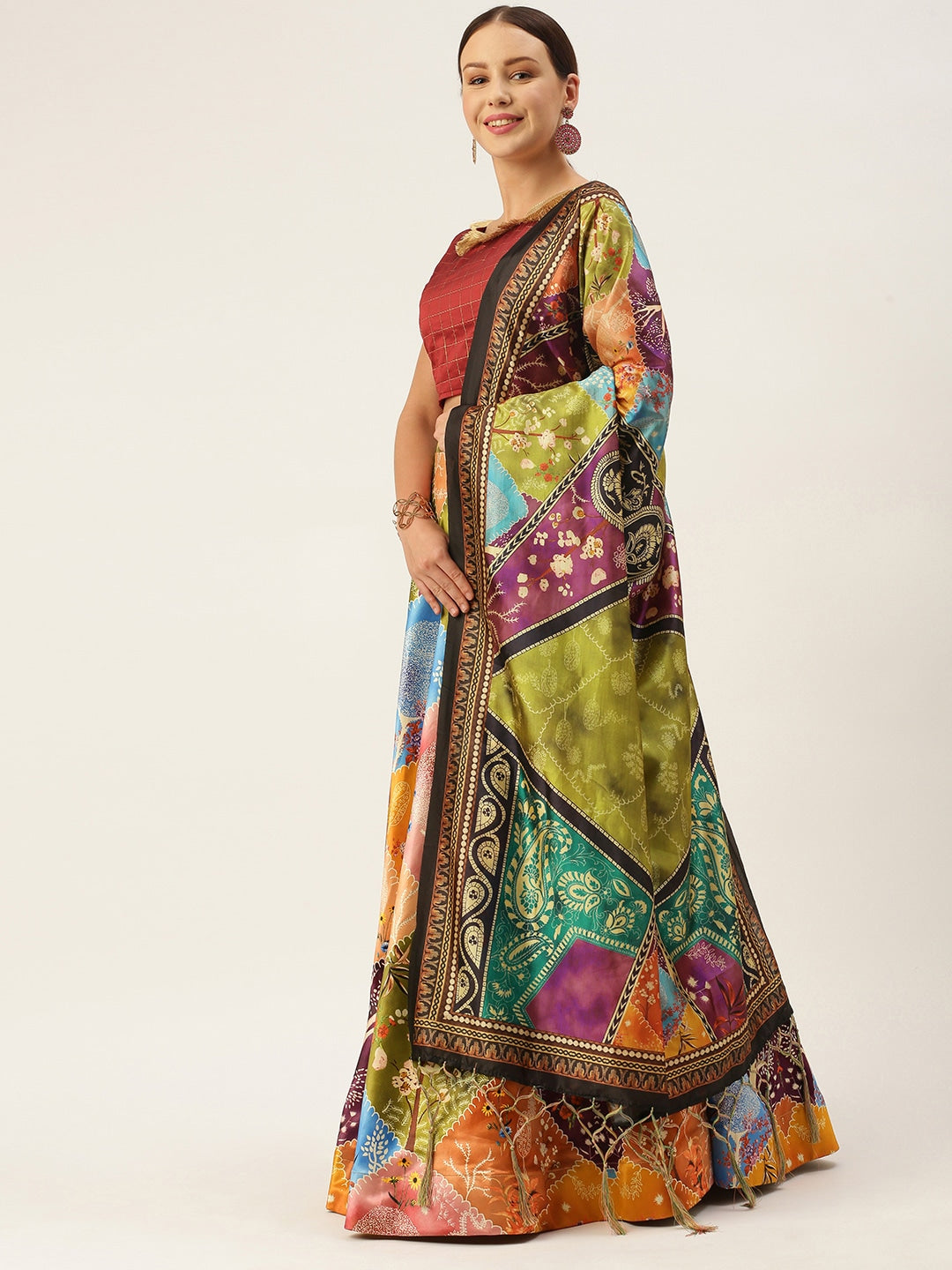 Women's Digital Print Shiney Satin Semistitched Lehenga Choli With Unstitched Blouse And Thred Work Dupatta