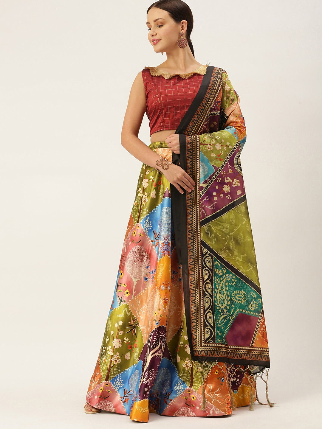 Women's Digital Print Shiney Satin Semistitched Lehenga Choli With Unstitched Blouse And Thred Work Dupatta